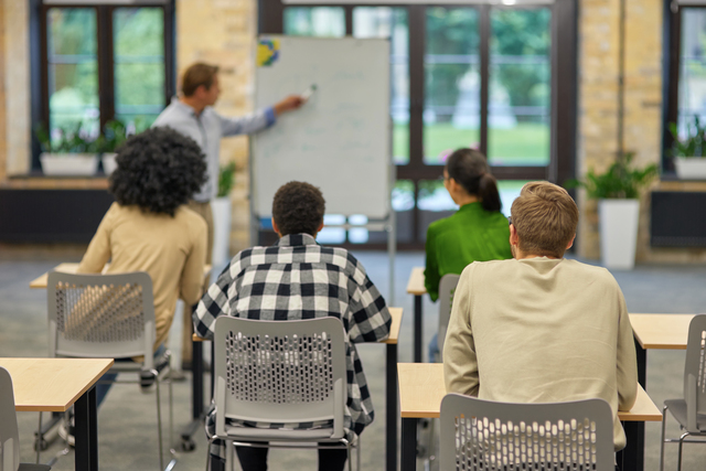 Never stop leaning at work. Confident mature coach or speaker pointing at flip chart and explaining something to people sitting in front of him in coworking space during corporate training or seminar